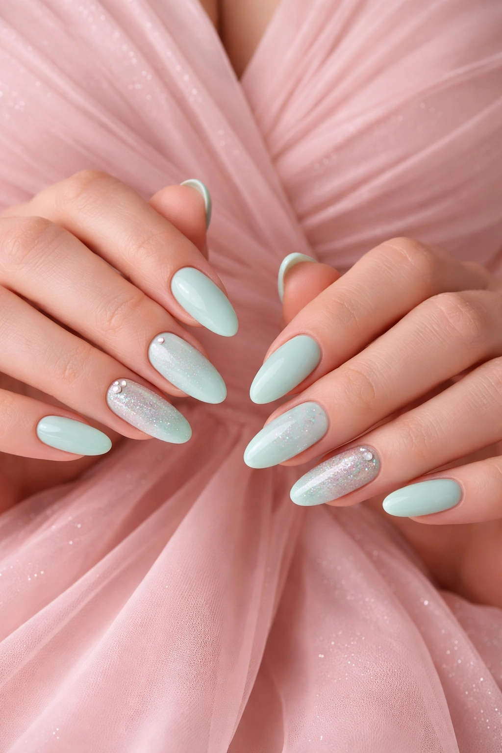 Close-up of mint green nails on blush pink dress fabric
