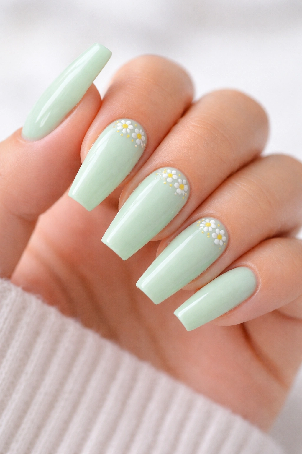 Mint green nails with tiny daisy accents on a couple of nails