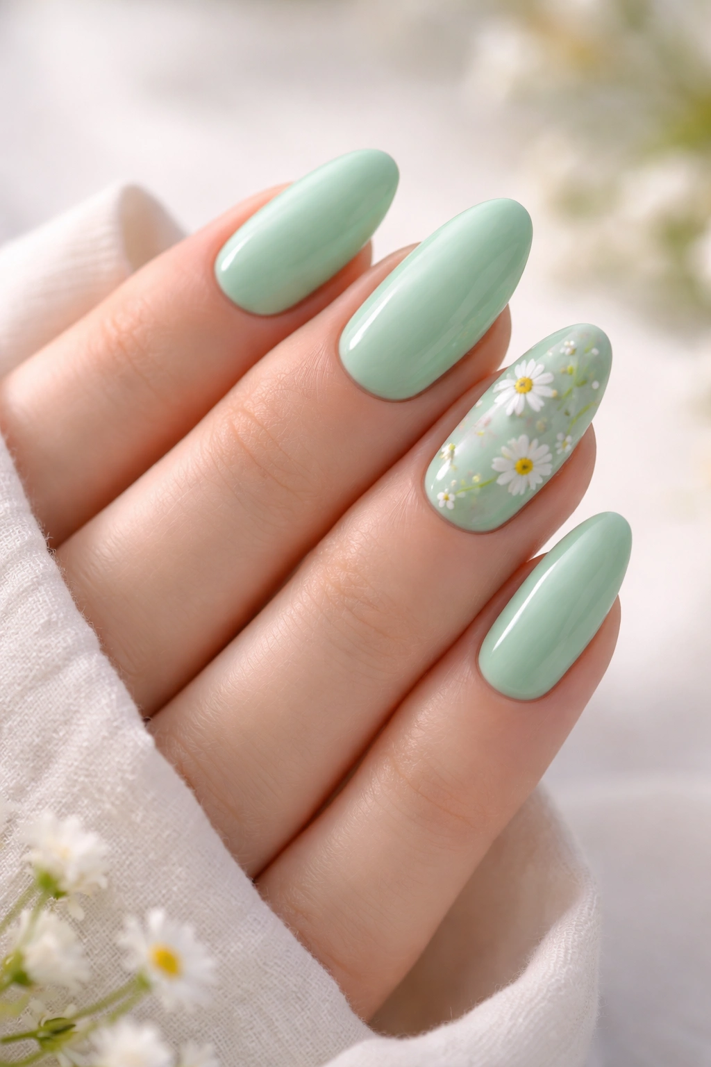 Mint green nails with tiny floral accents on a light backdrop