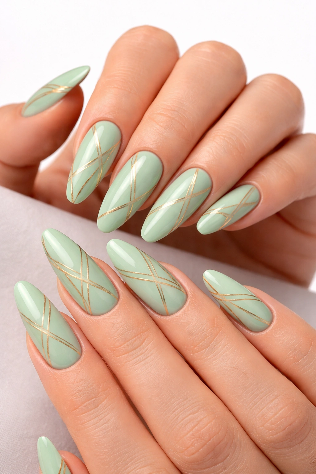 Mint green nails with gold geometric lines