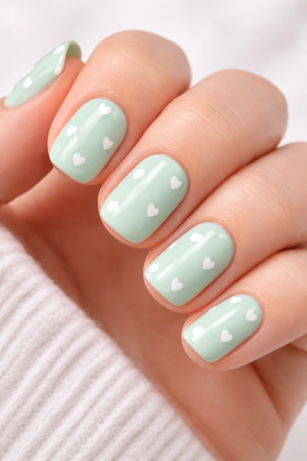 Close-up of mint green nails with small white heart details