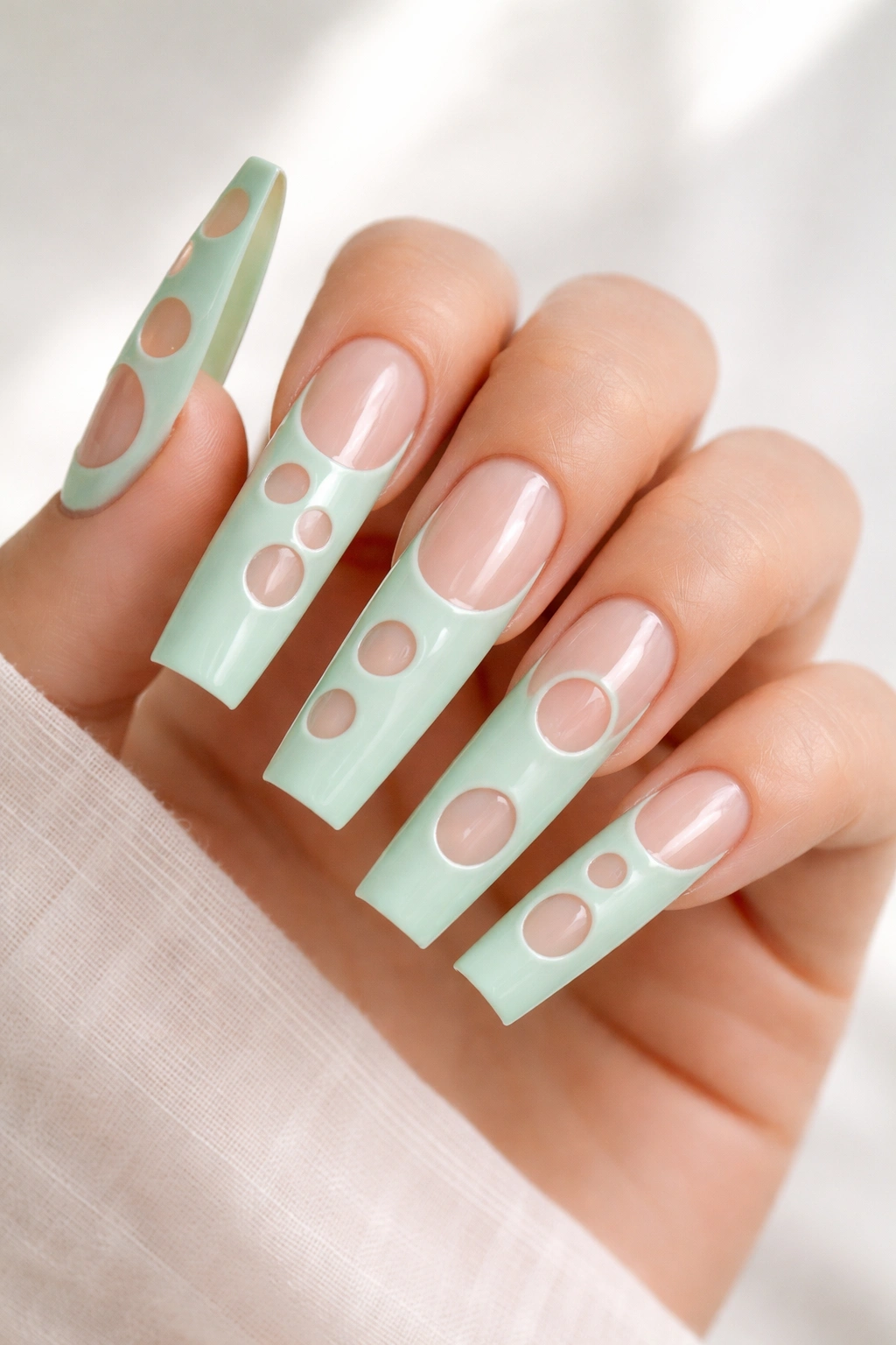 Close-up of mint green duck nail featuring circular negative-space patterns