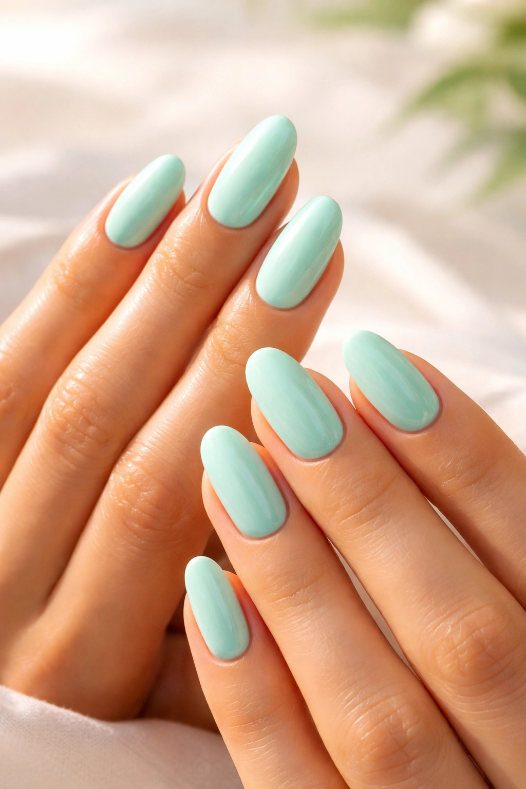 Close-up of hands with mint green nails against a neutral backdrop