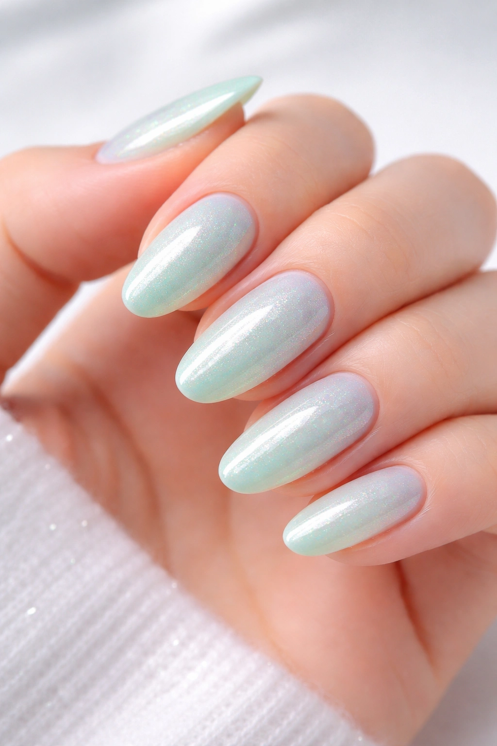 Close-up of mint green nails with pearlescent shimmer on a pale background