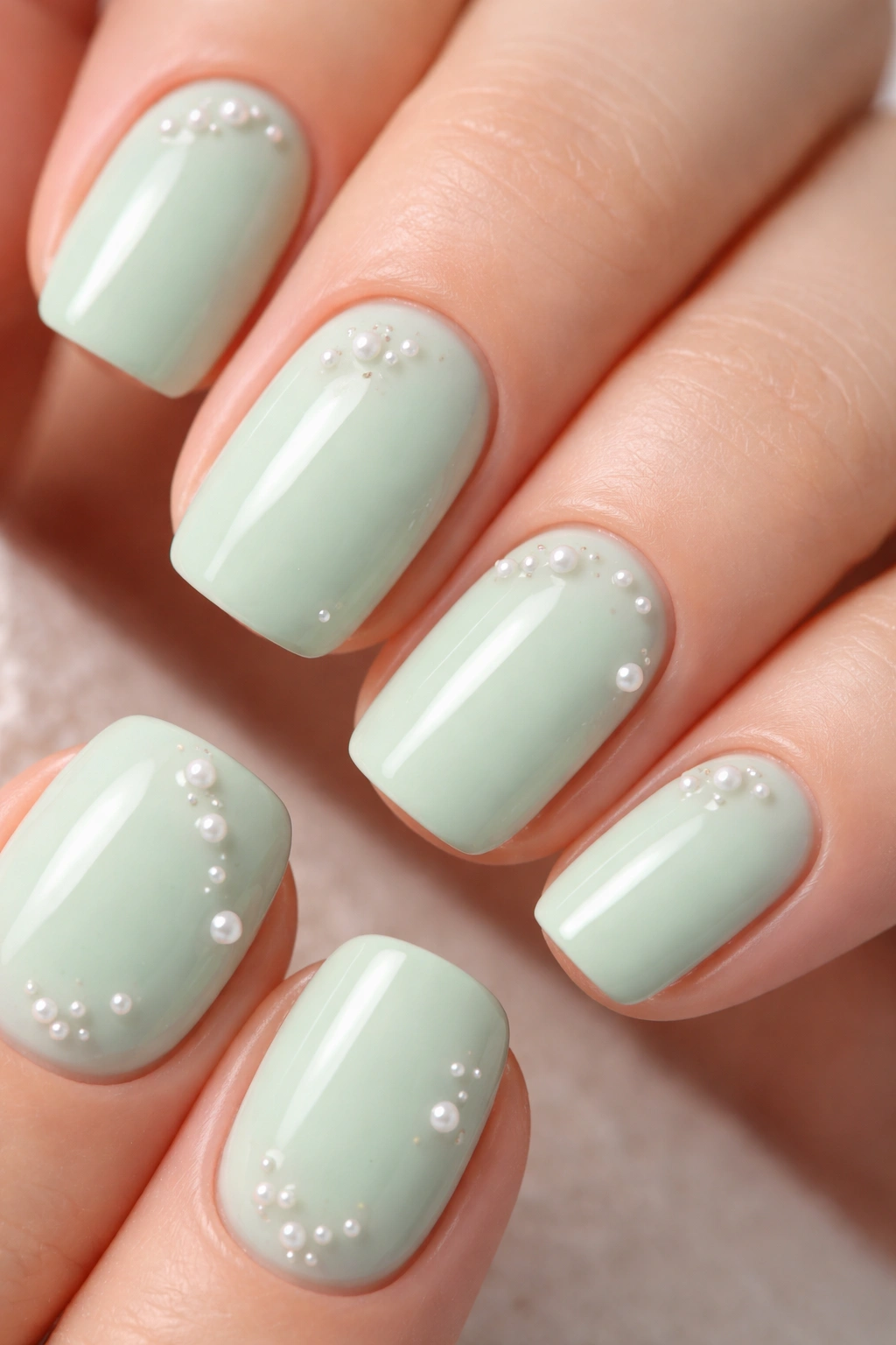 Close-up of mint green nails with delicate pearl accents on short squoval nails