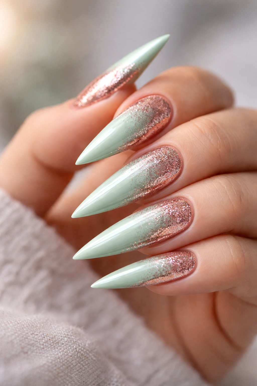 Close-up of mint green stiletto nails with rose gold shimmer on a hand