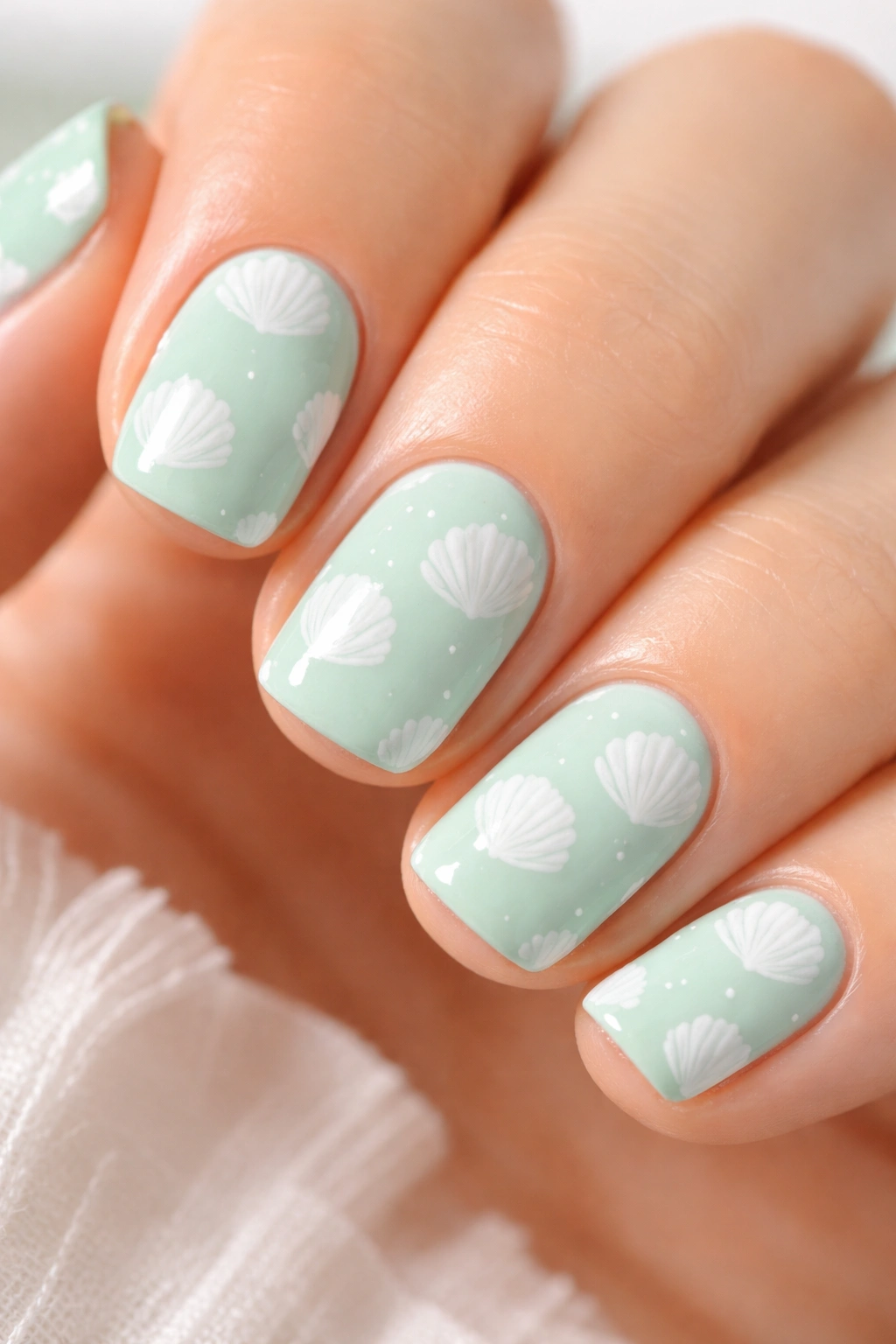Close-up of mint green nails with white scallop shell designs on a neutral background