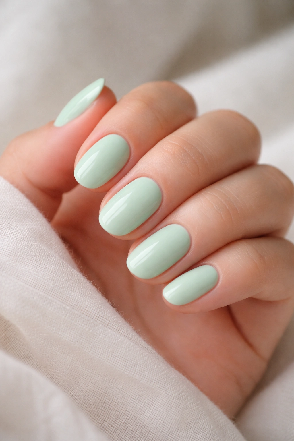 Close-up of short oval mint green nails with creamy opaque finish