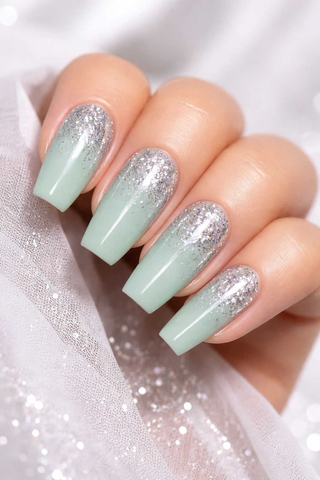 Mint green nails with silver glitter accents and subtle sparkle.