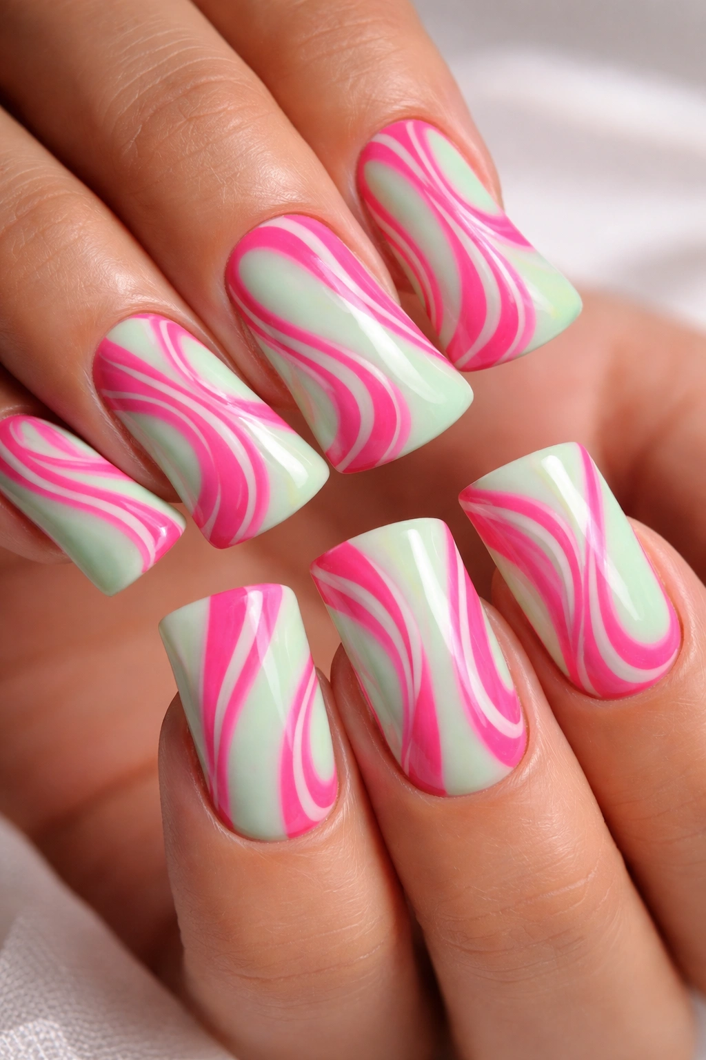 Close-up of duck nails with mint base and pink swirls