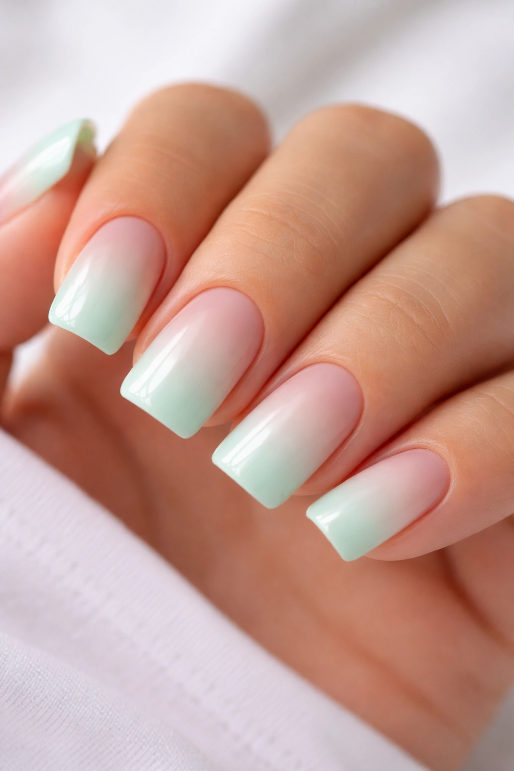 Close-up of mint green nails with white ombre on short nails
