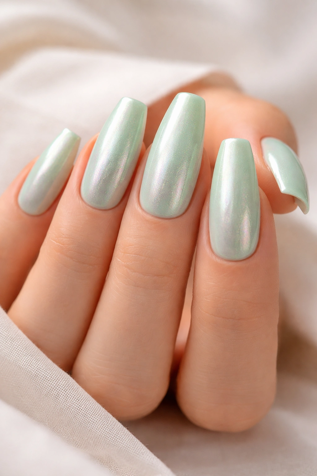Mint green coffin nails with pearl finish