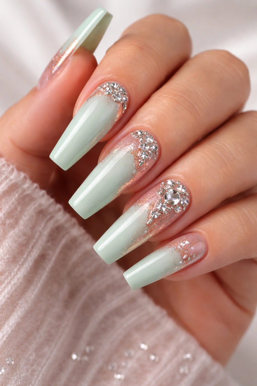 Mint green coffin nails with rose gold rhinestones on a bare hand.
