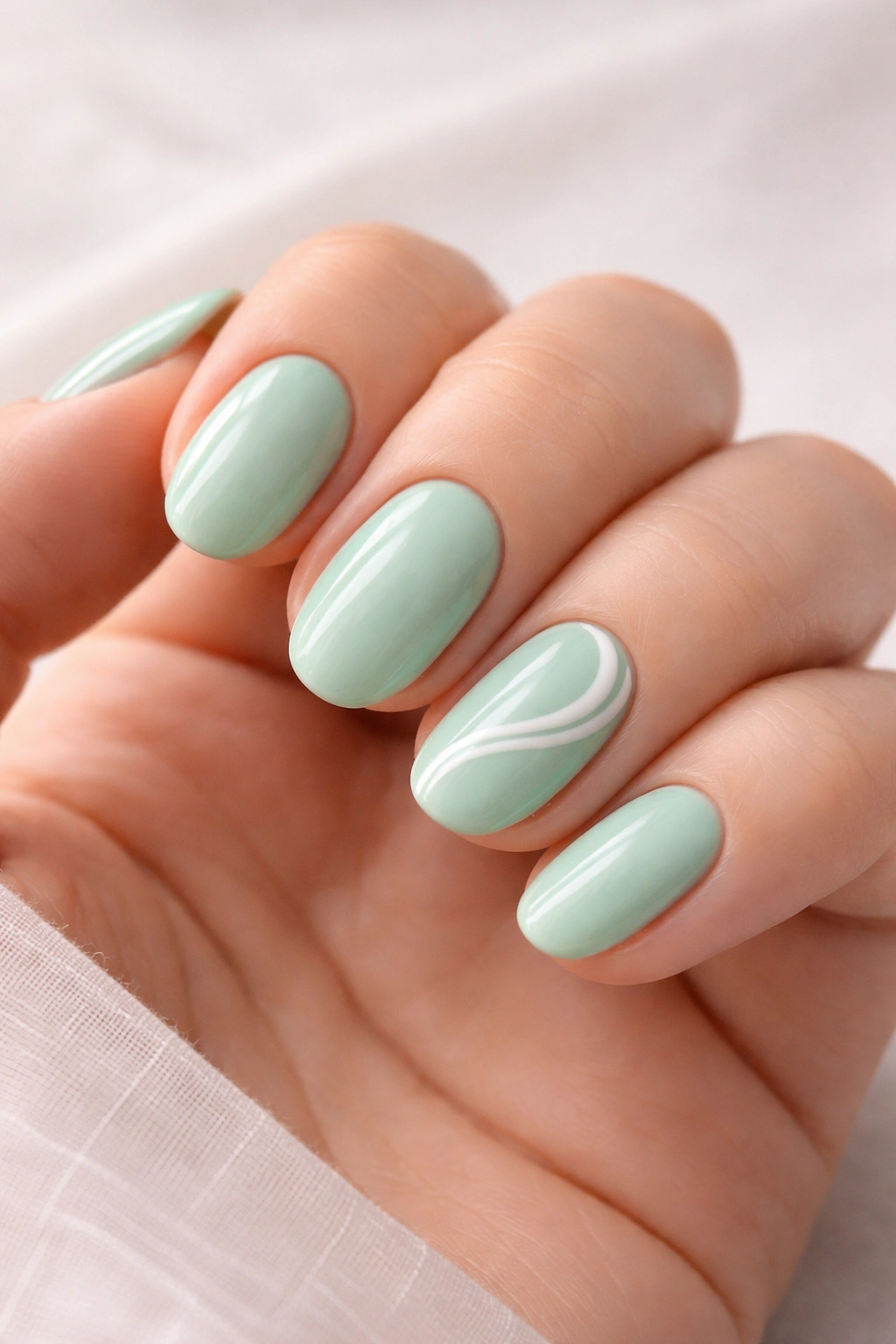 Close-up of mint green nails with white swirls on an accent nail