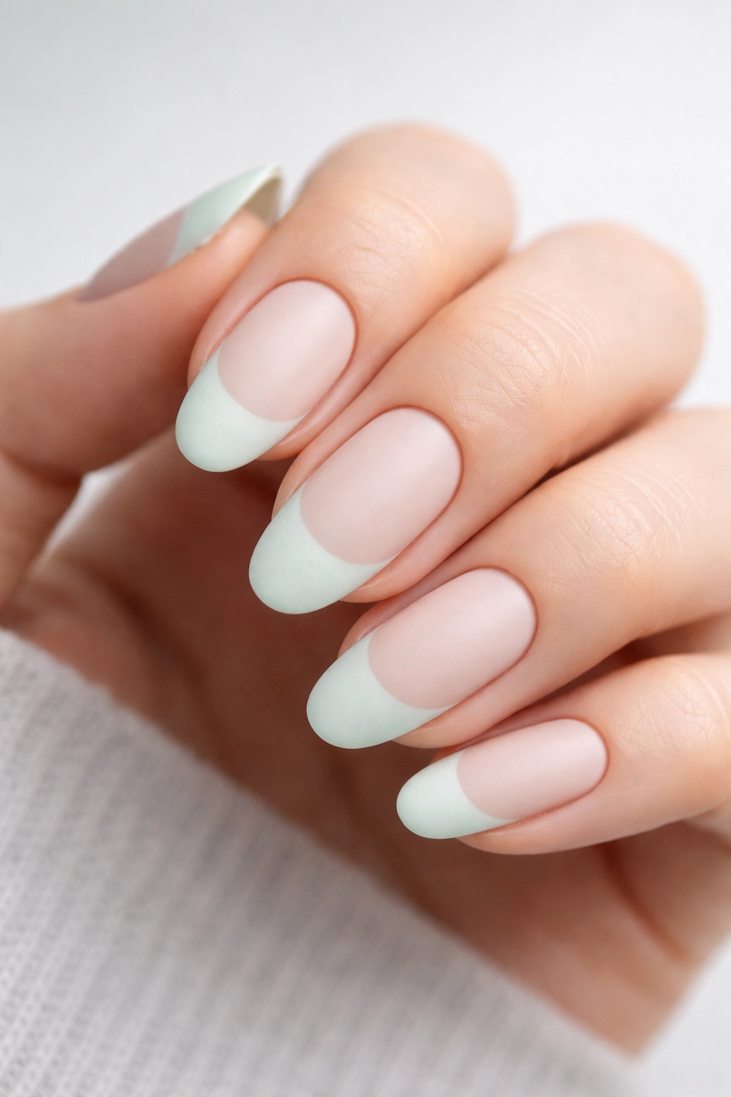 Pale mint matte French tips on short almond nails