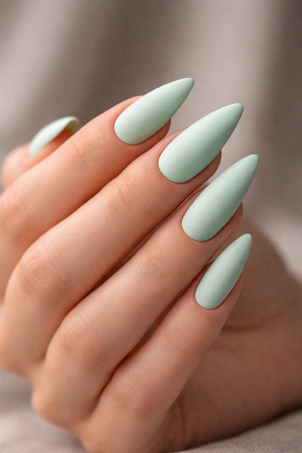 Close-up of pale mint green matte stiletto nails on a hand
