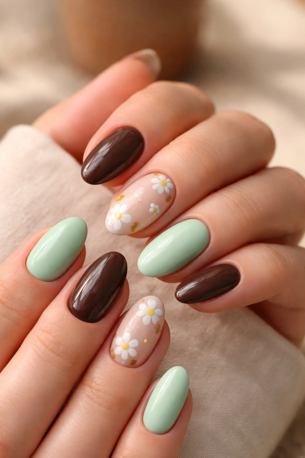 Short almond nails in mint and chocolate brown with tiny white daisies on one or two nails
