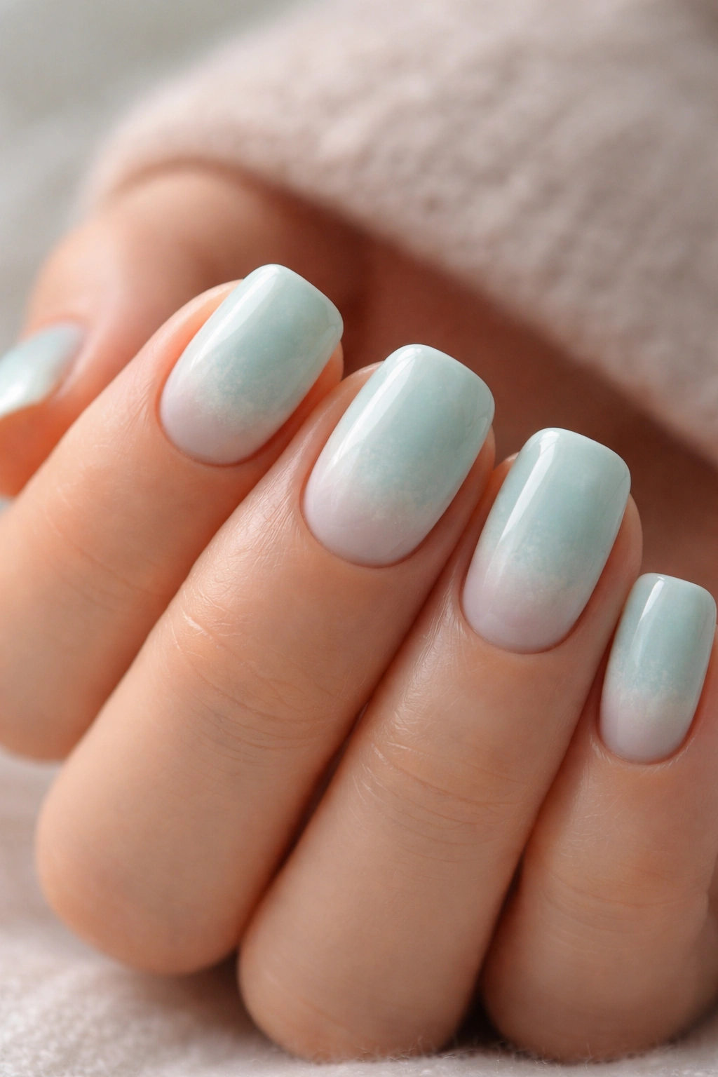 Mint nails with reverse gradient from deep base to pale tips
