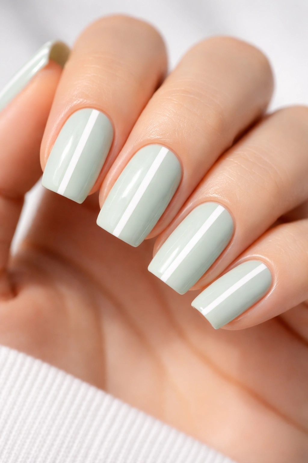 Mint nails with a white center stripe