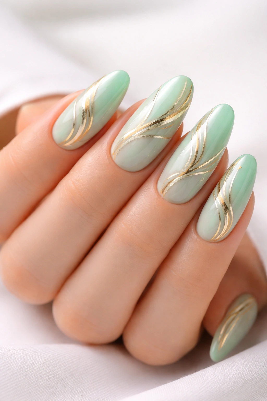 Close-up of mint and gold swirl nails on long oval nails