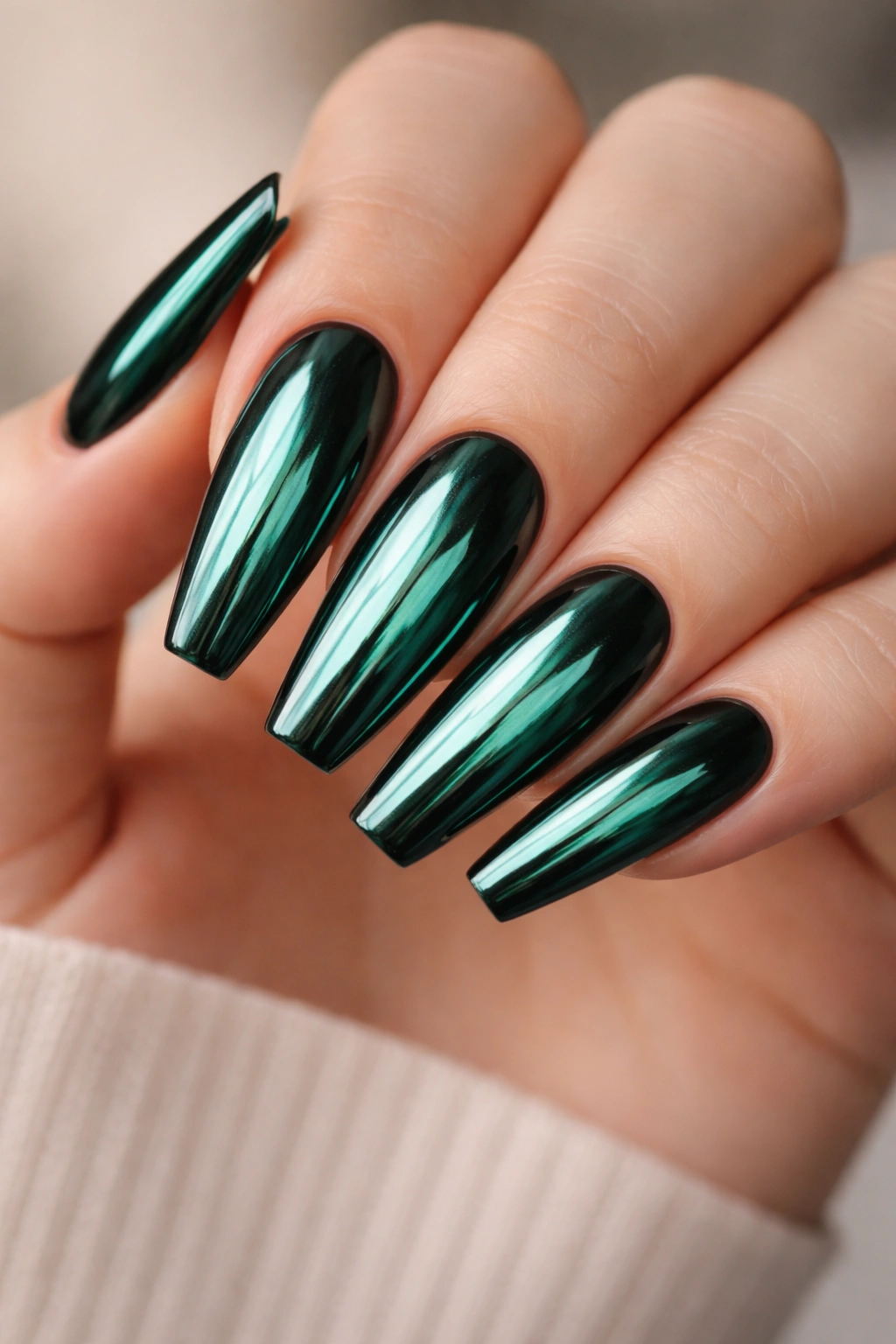 Mirror-chrome emerald ballerina nails close-up