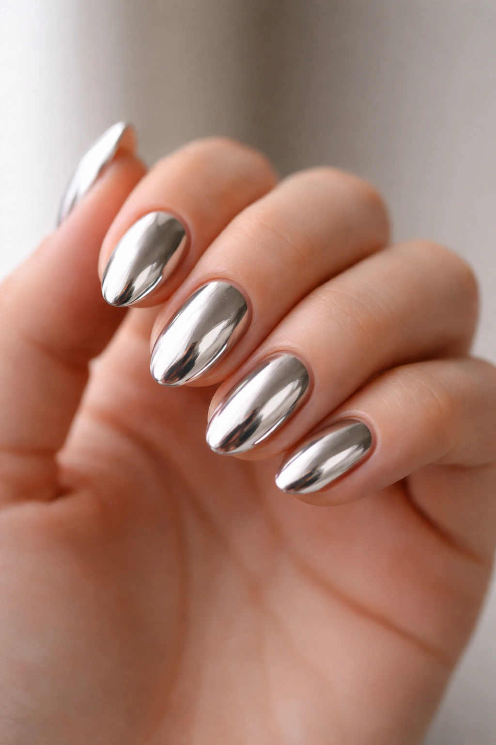 Close-up of a hand with bare short almond nails in mirror silver chrome.