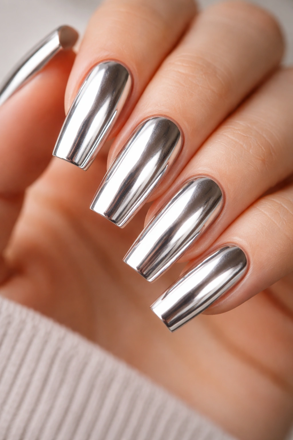 Nails with mirror chrome finish from cuticle to tip