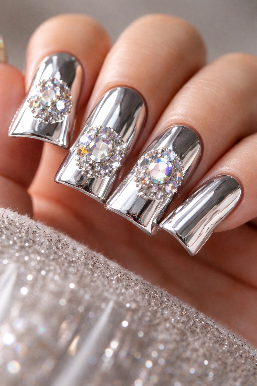 Mirror chrome nails with strategic gemstone placements