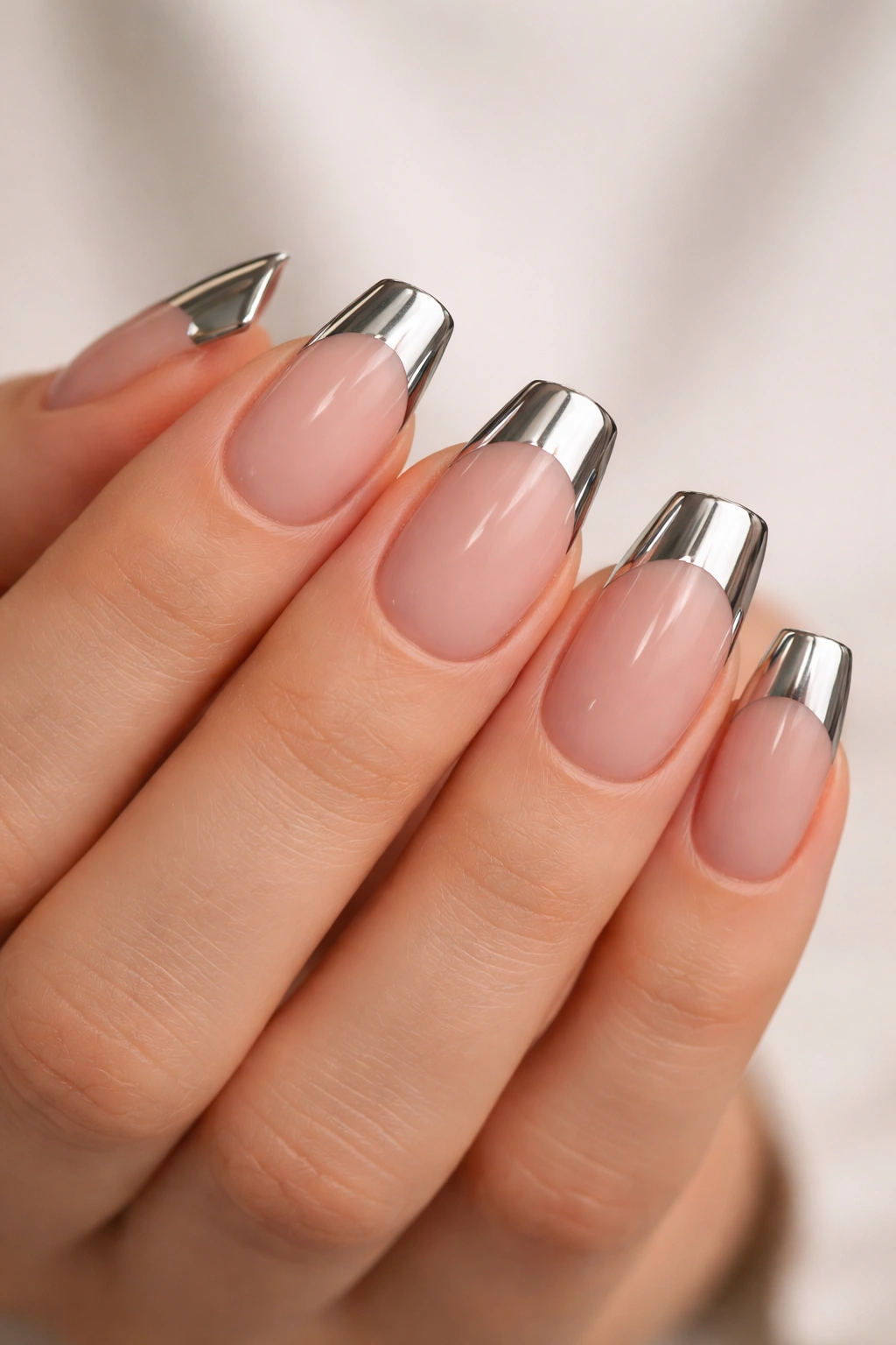 Close-up of short nails with nude base and mirror chrome tips