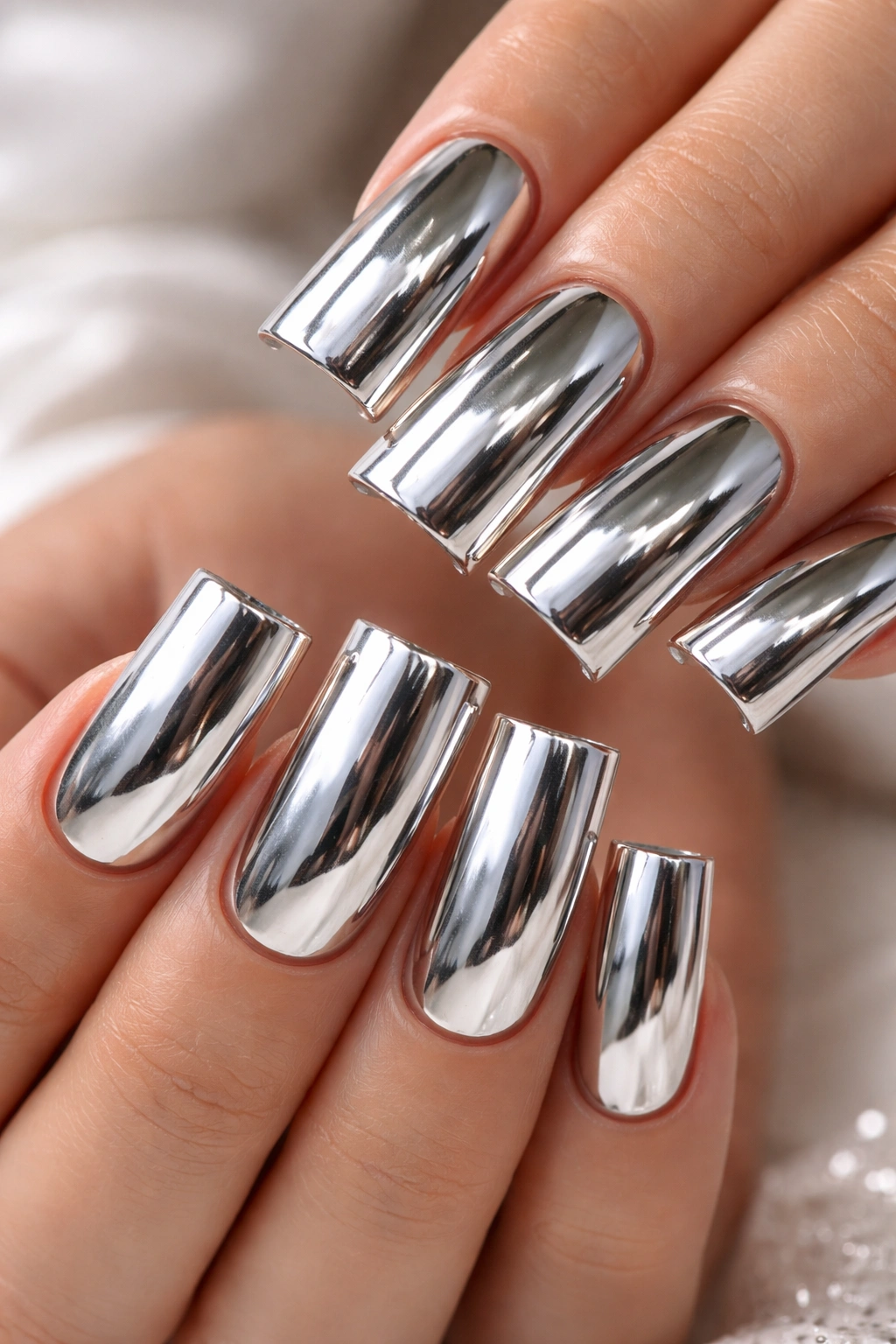 Duck nails with reflective mirror chrome finish in a clean studio setting