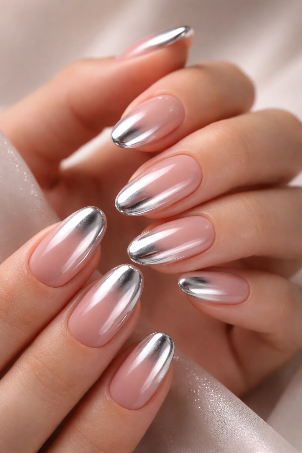 Nails with rosy nude base and chrome mirror tips reflecting light