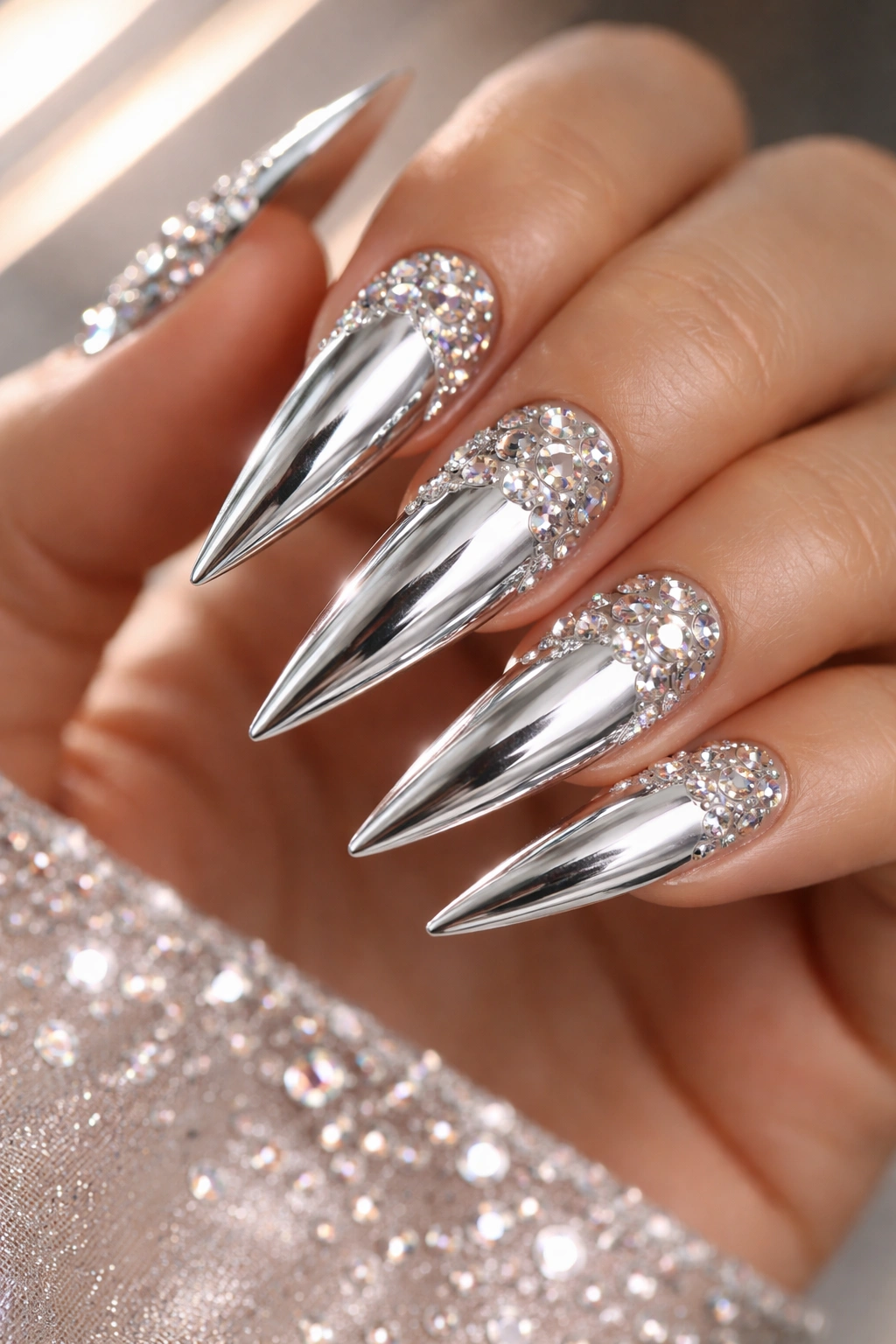 Close-up of stiletto nails with mirror chrome finish and scattered rhinestones