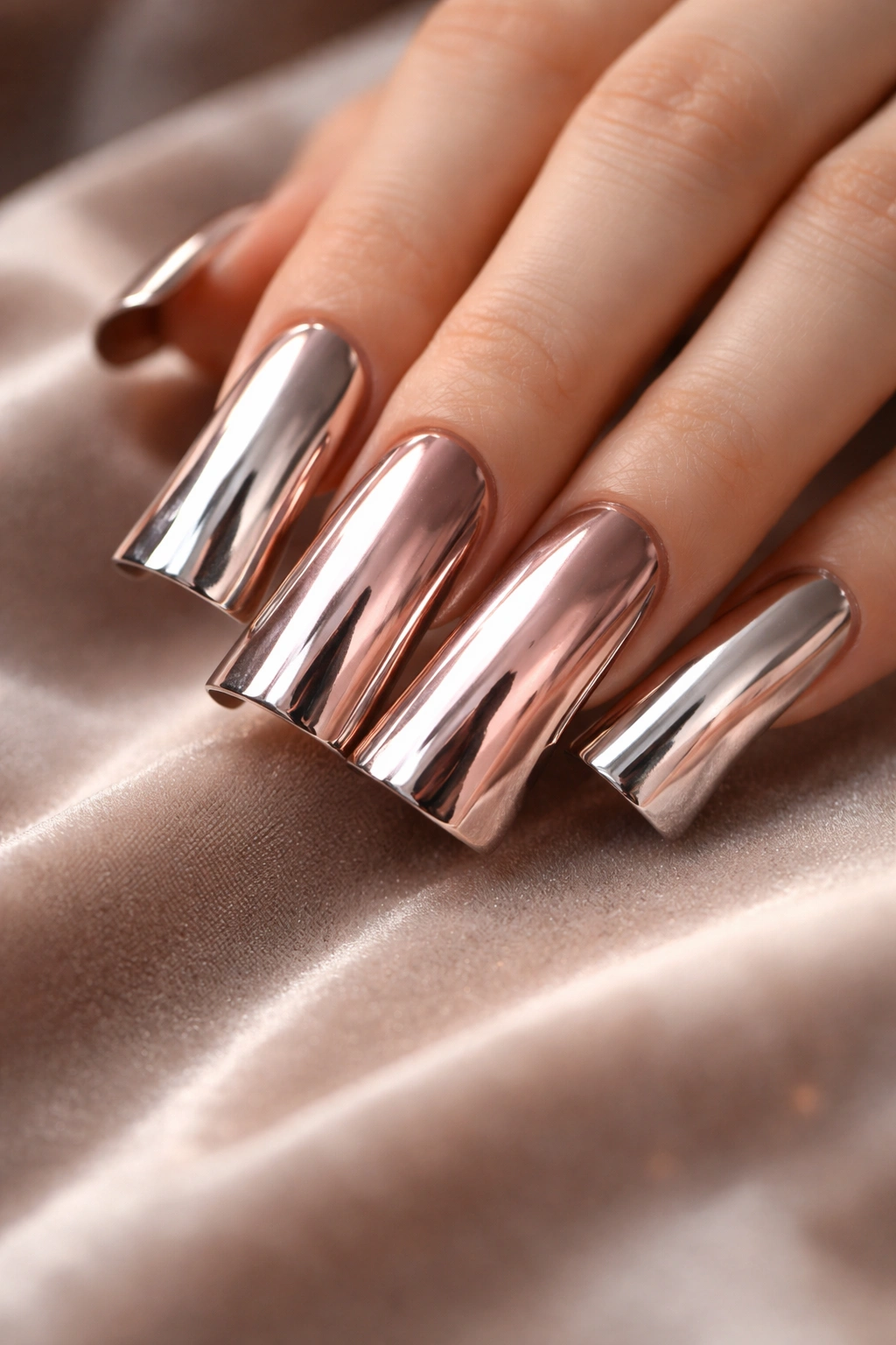 Close-up of mirror-finish duck nails showing color-shifting chrome from silver to rose gold to copper