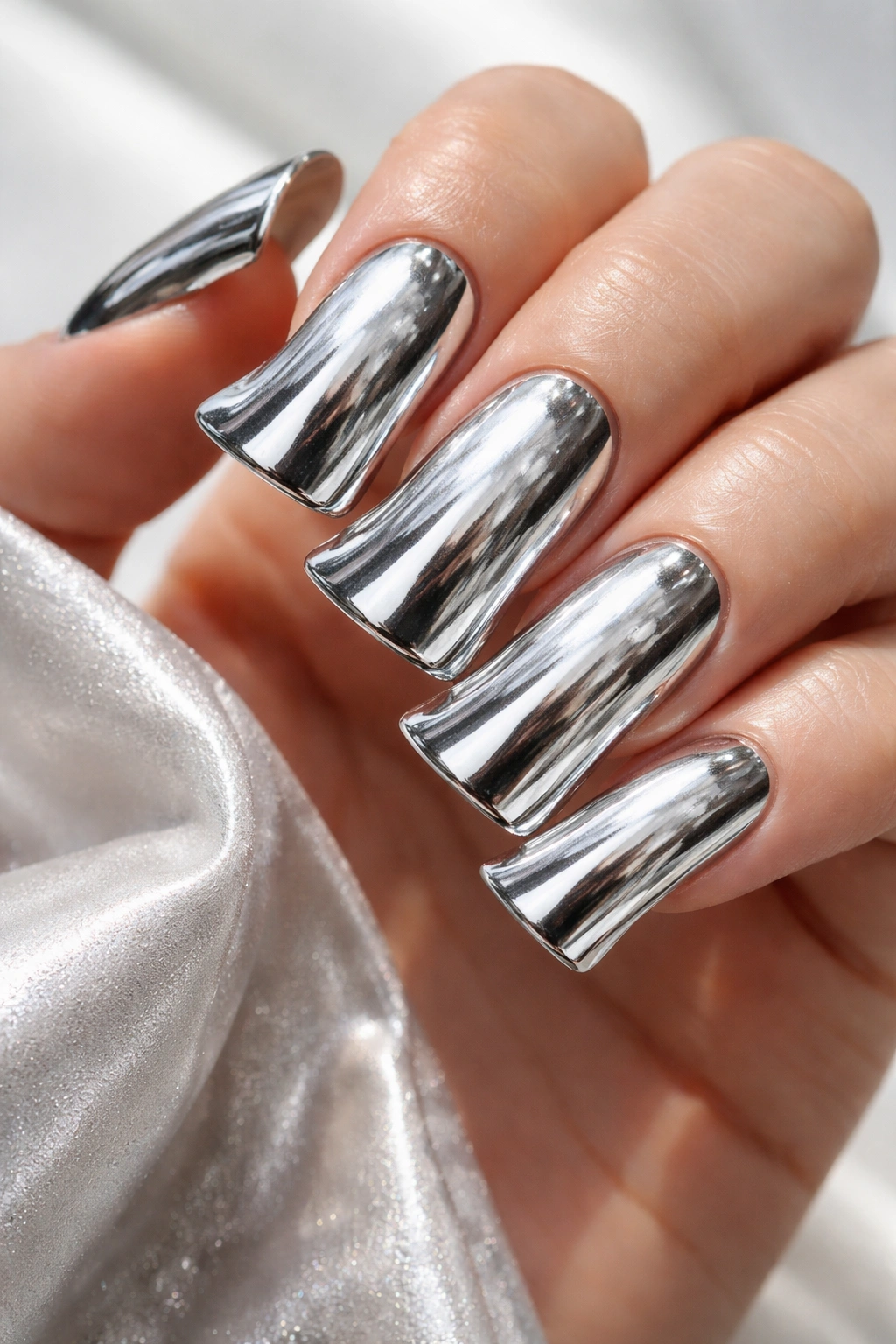 Duck nails with mirror powder chrome finish reflecting light.