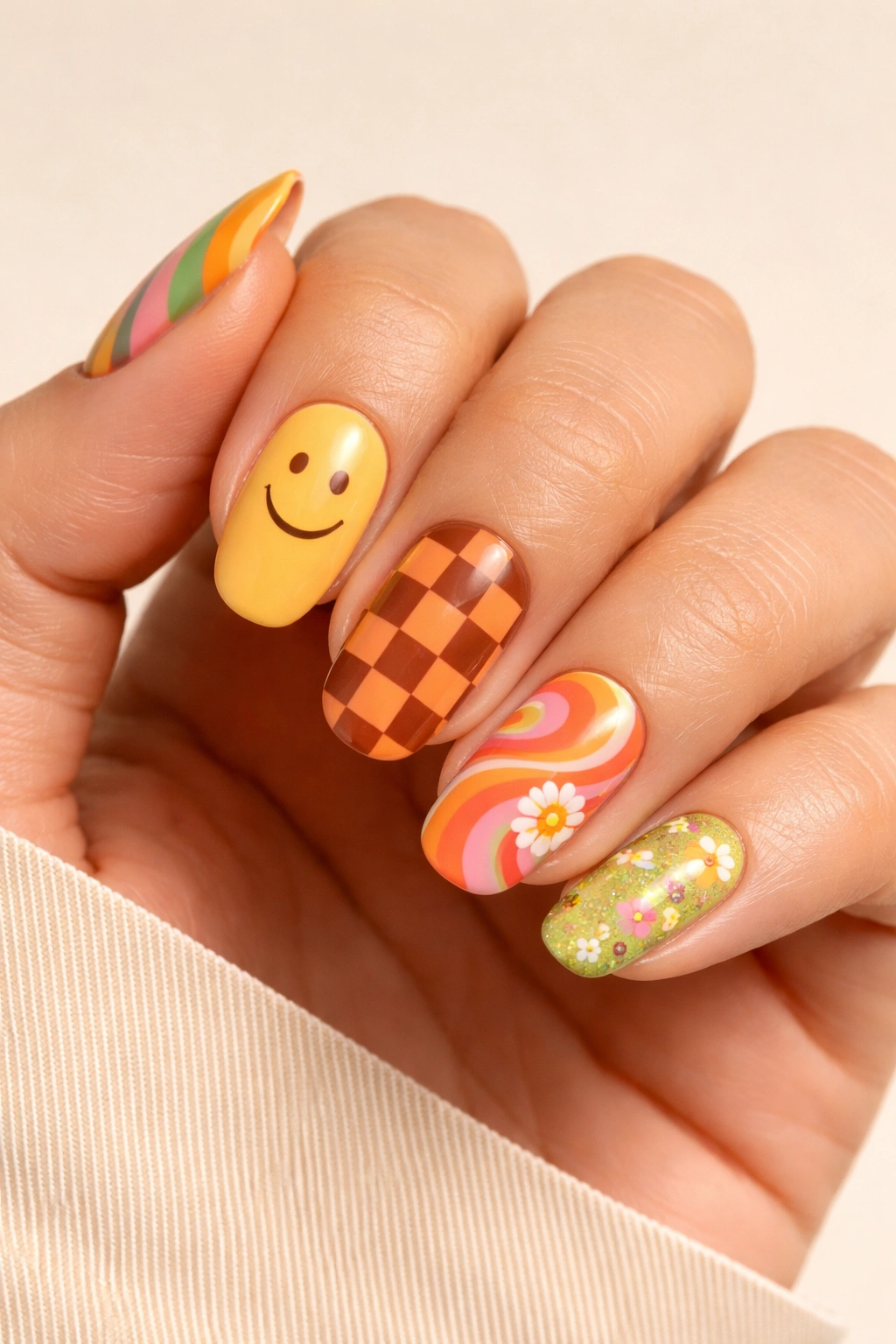 Hand with mismatched retro nails in cohesive palette