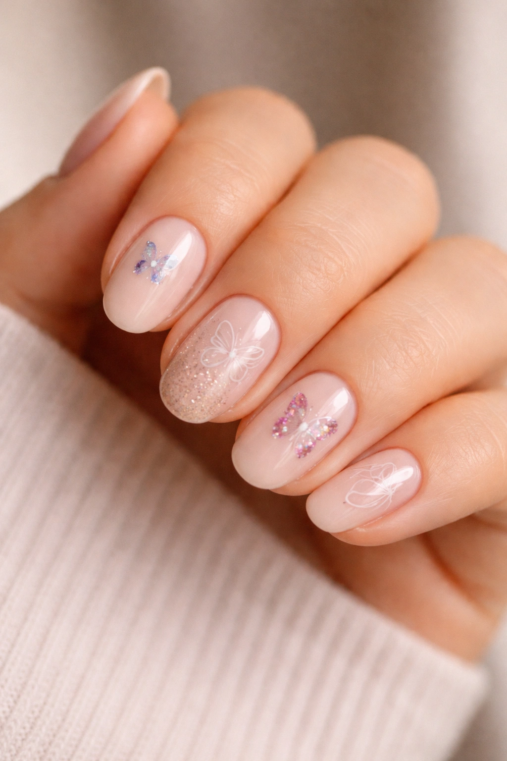Hand with mismatched short-oval nails showing different butterfly details