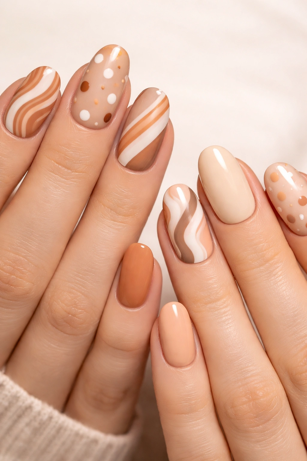 Two hands with mismatched nail art that remains cohesive through a shared color palette.