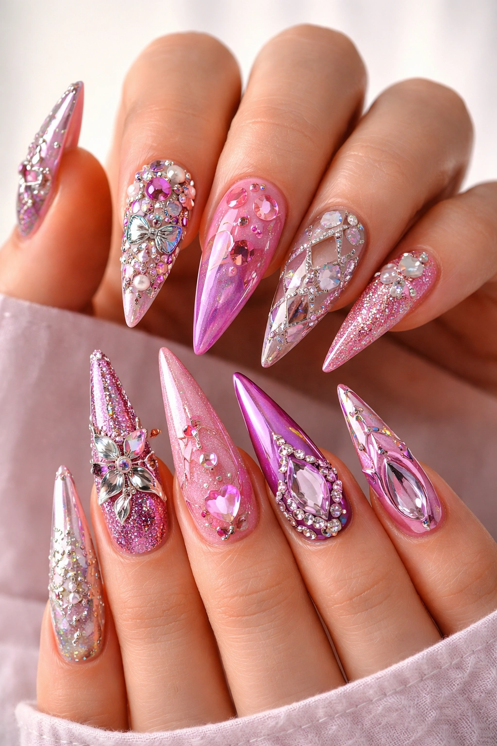 Ten-stiletto nails on a hand, each with a different bold maximalist design