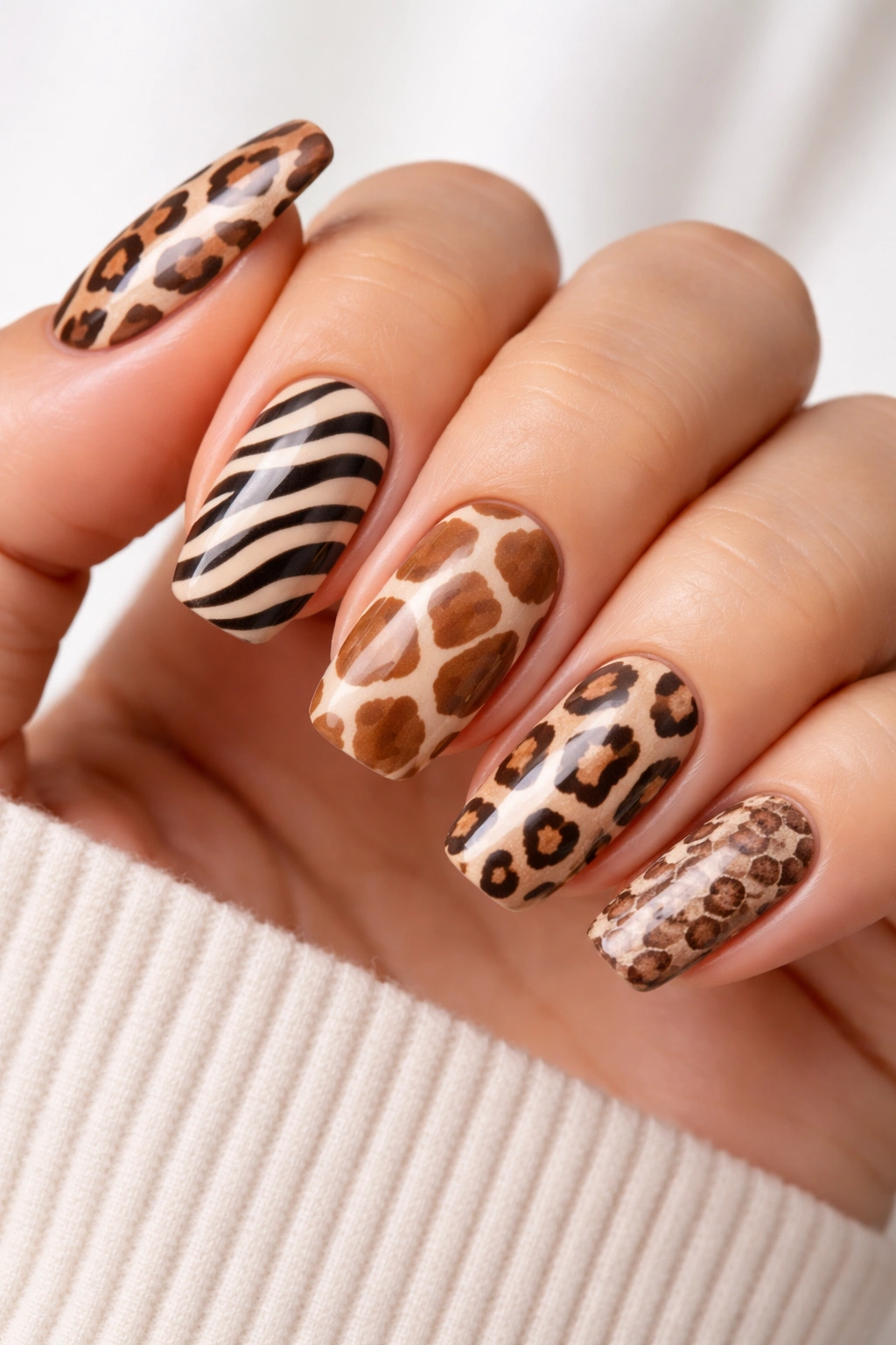 Close-up of mismatched animal print nails featuring leopard, zebra, and giraffe patterns