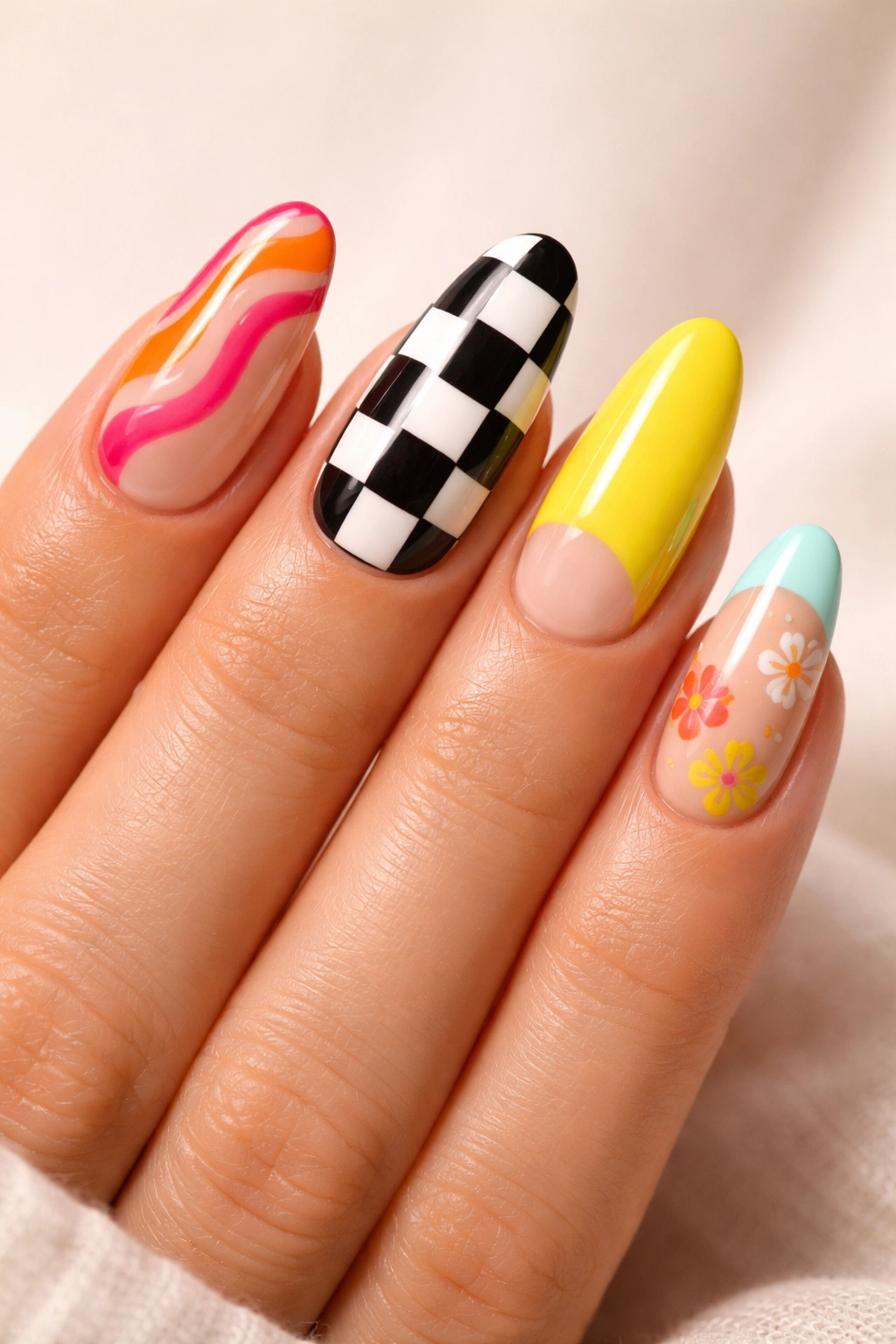 Five nails each with different patterns on nude base