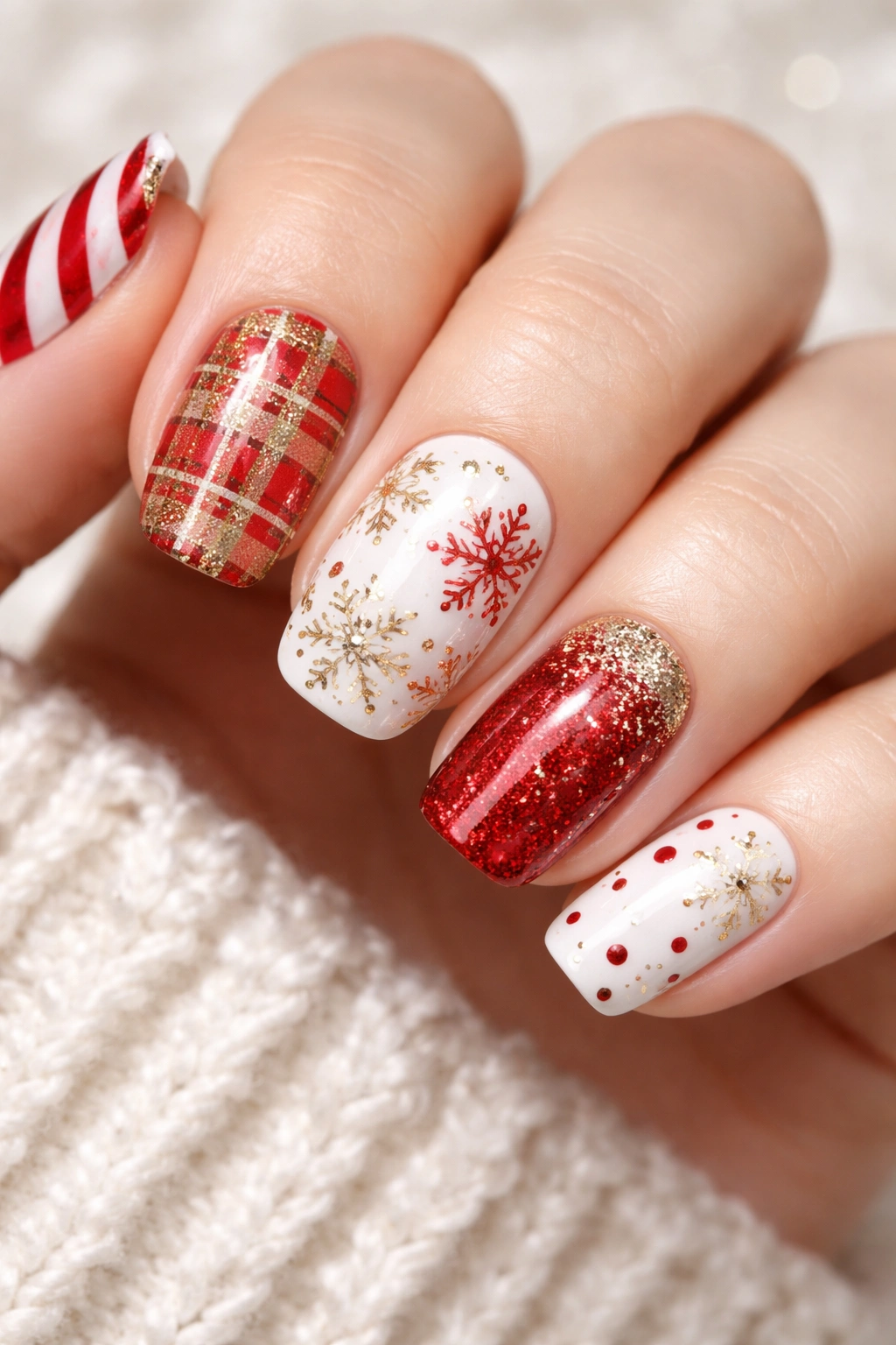Nails with mismatched holiday patterns in red white gold