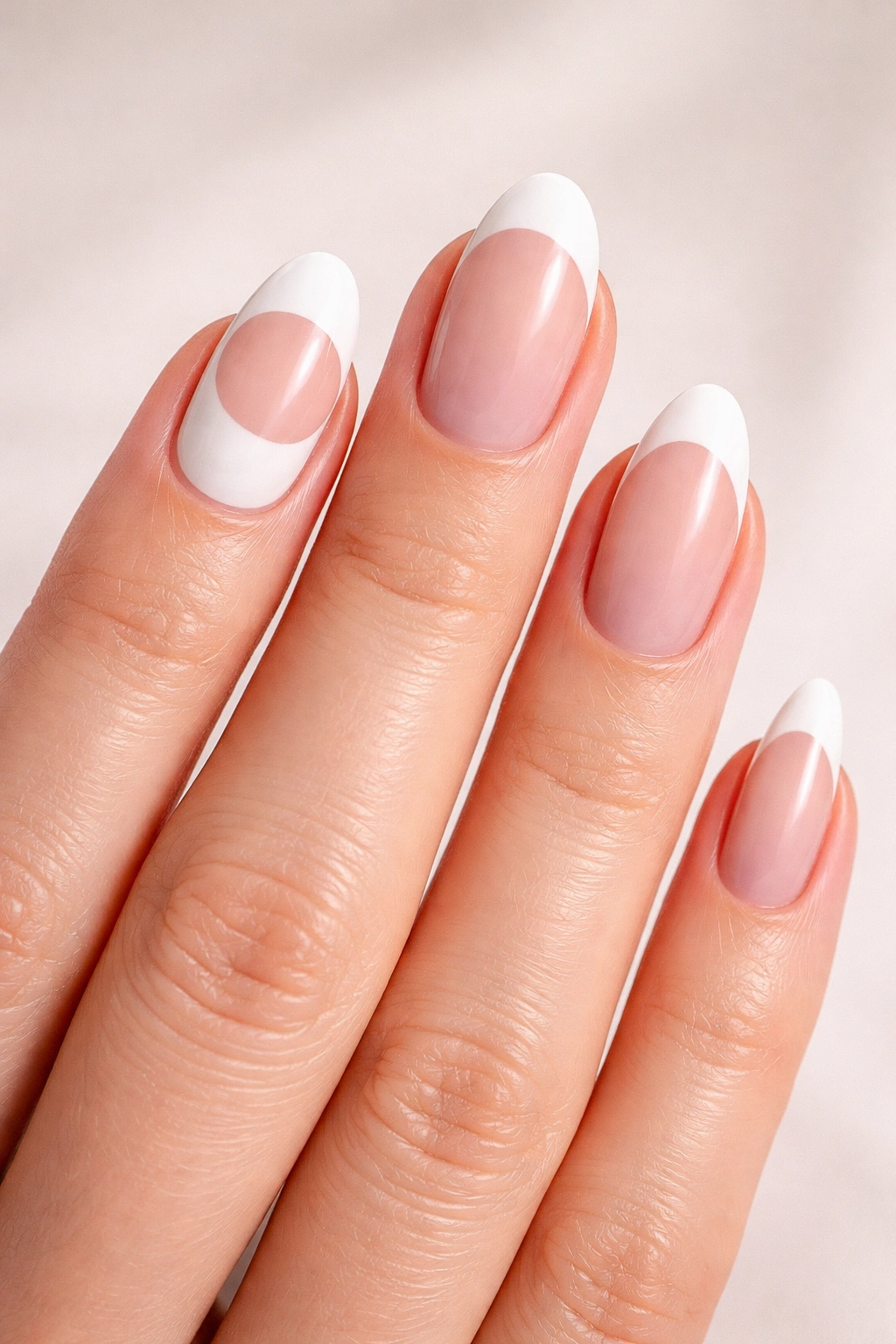 Hand showing common French tip oval mistakes such as overthick tip on short nail and too-thin tips