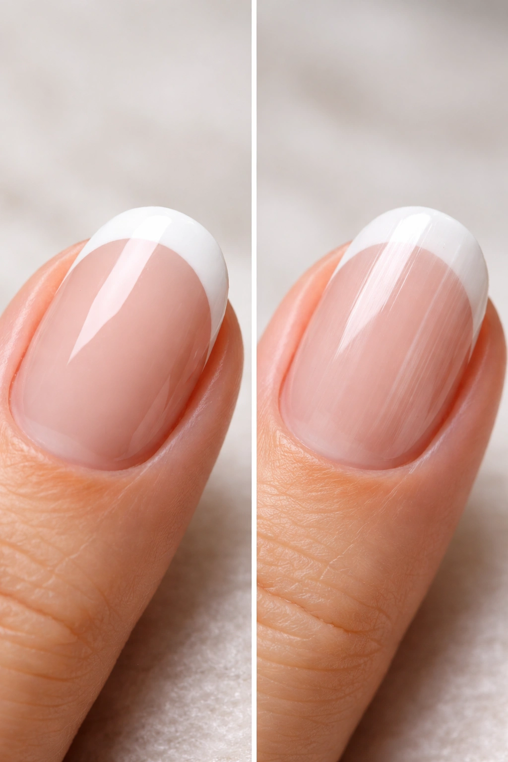 Close-up showing thick white tip and streaky opacity on round nails