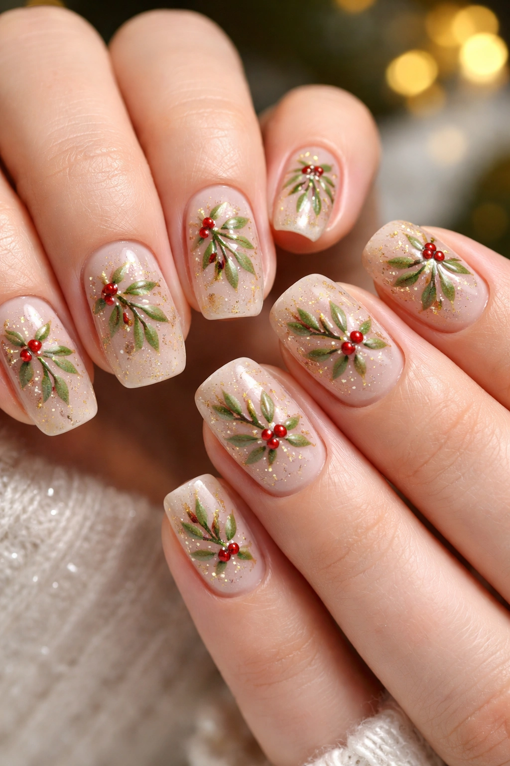 Close-up of mistletoe nail art on nude base with gold accents