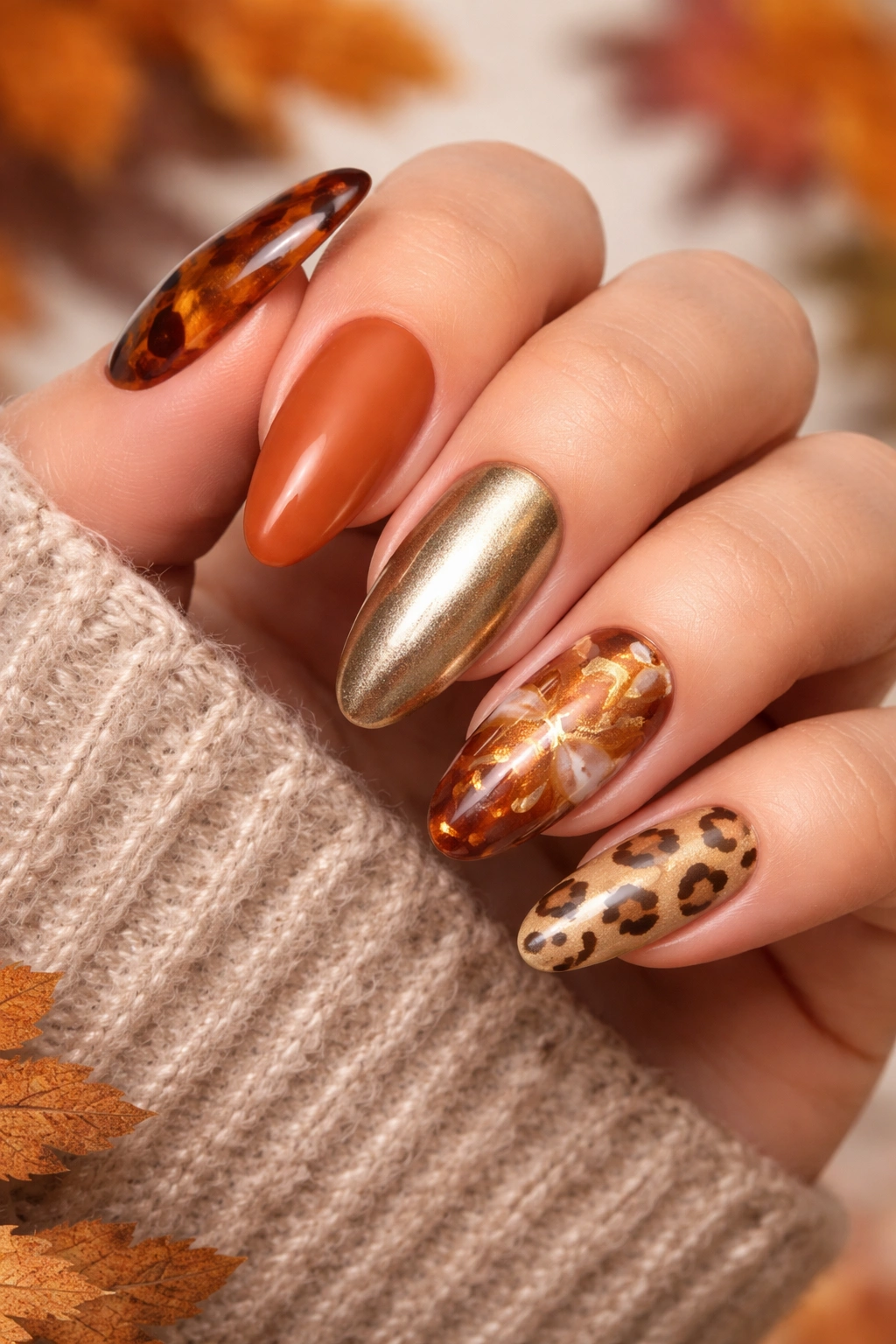Hand showing leopard print, tortoiseshell, chrome, blooming gel, and solid fall nails.