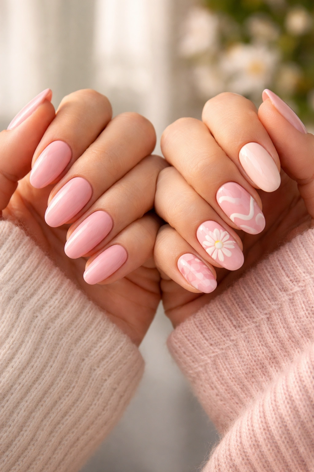 Two hands showing mix-and-match nail designs in a coordinated palette.