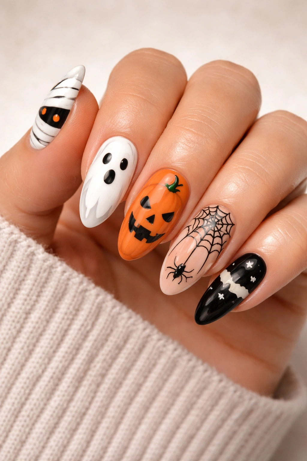Hand with multiple Halloween designs on each nail in a cohesive palette.