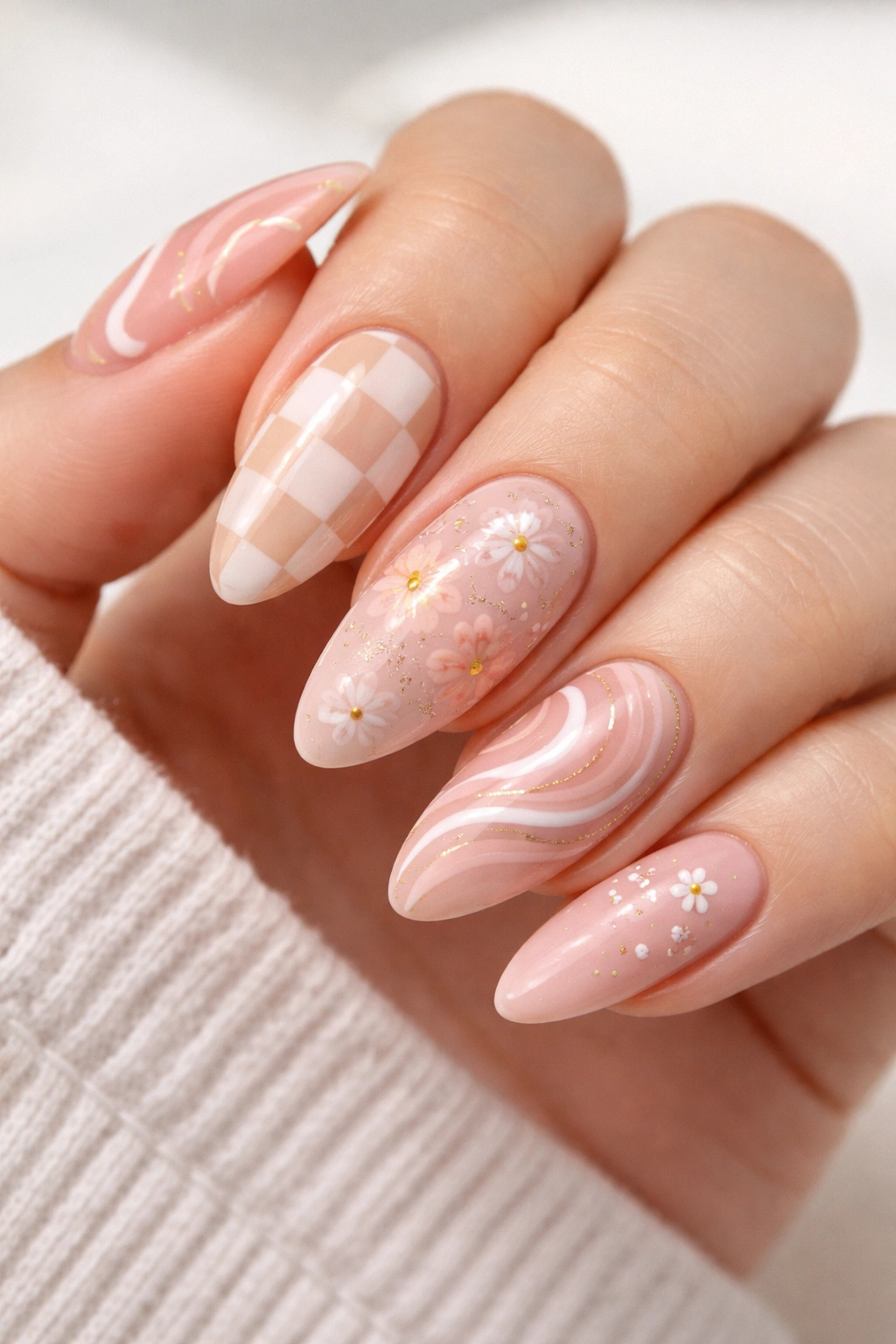 Almond nails with varied art designs in cohesive color palette
