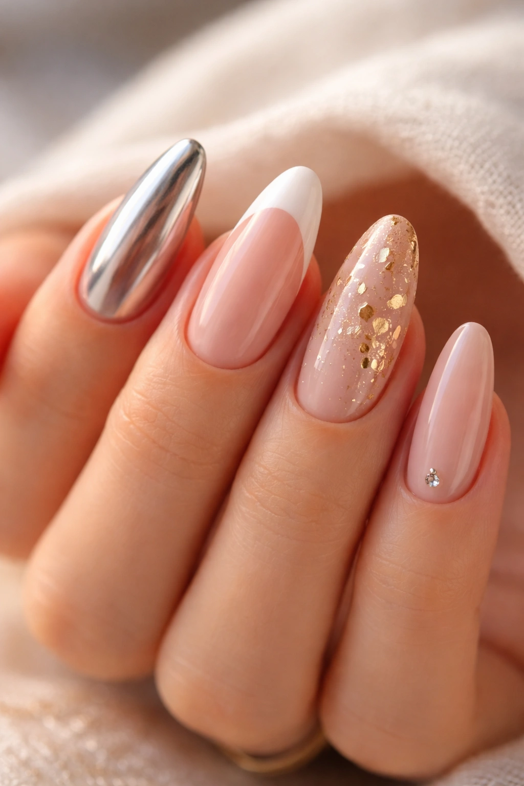 Close-up of mixed-art long oval acrylic nails showing chrome, French, foil, and gem details