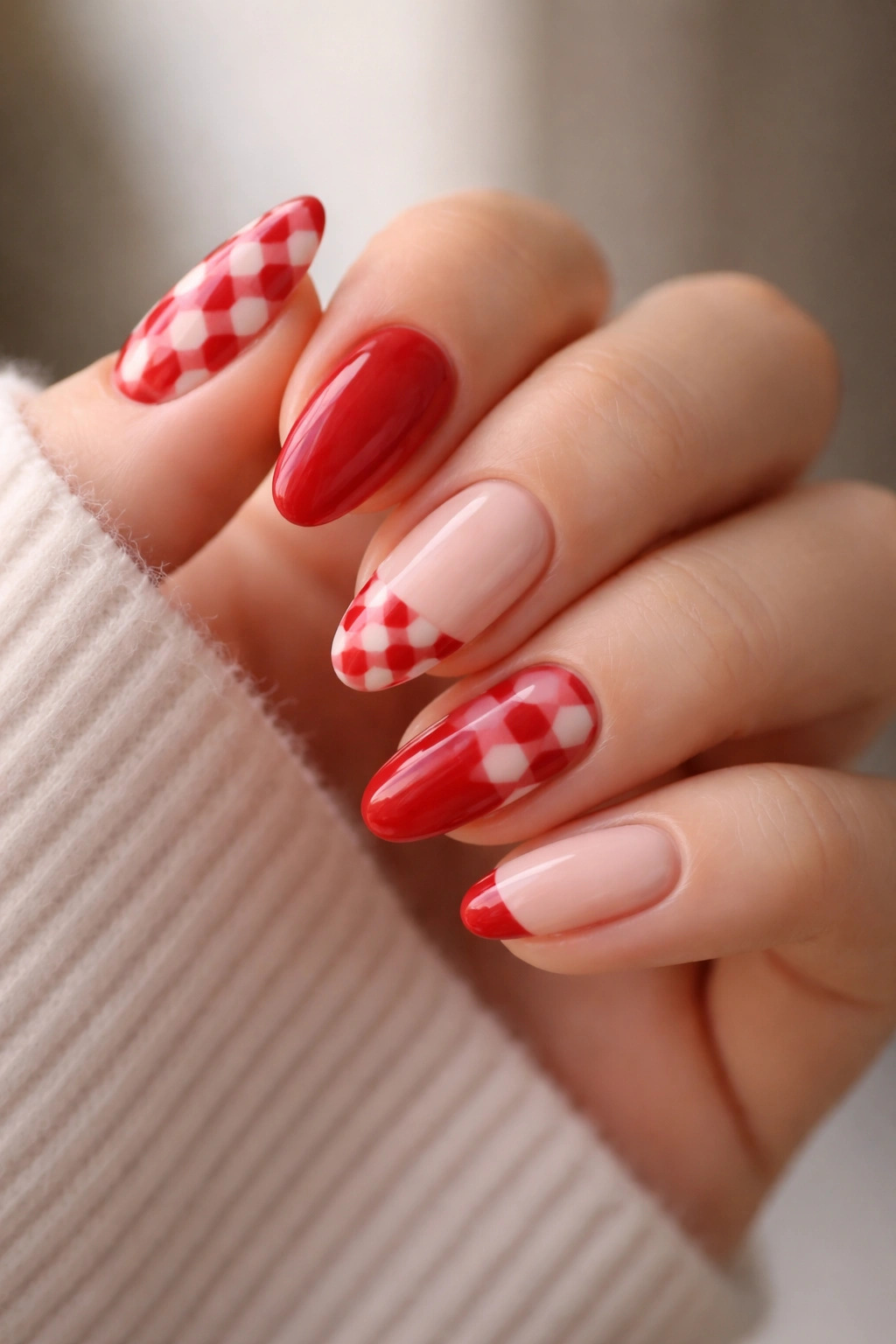 Close-up of a hand with mixed checkered and solid red nails on short almond nails